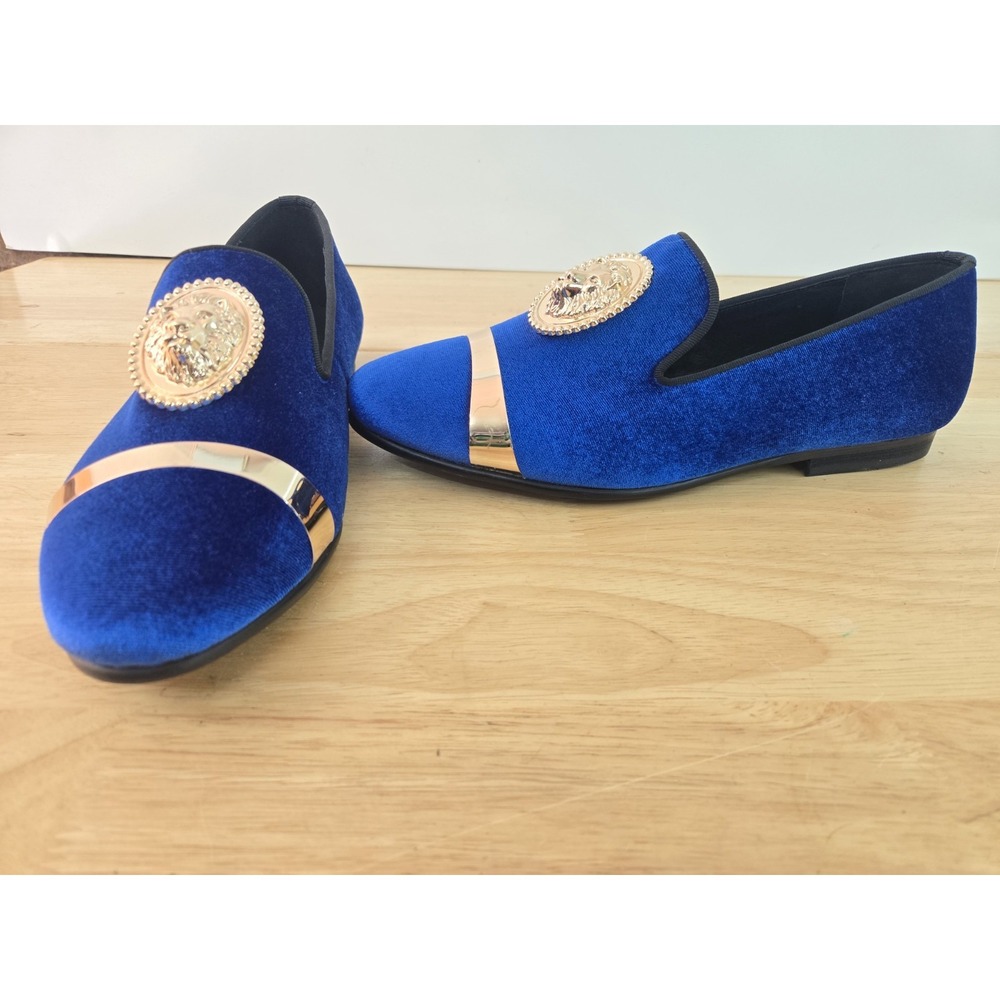 Harpelunde Men's Velvet Loafers‎ Blue Gold Lion Buckle Size 7